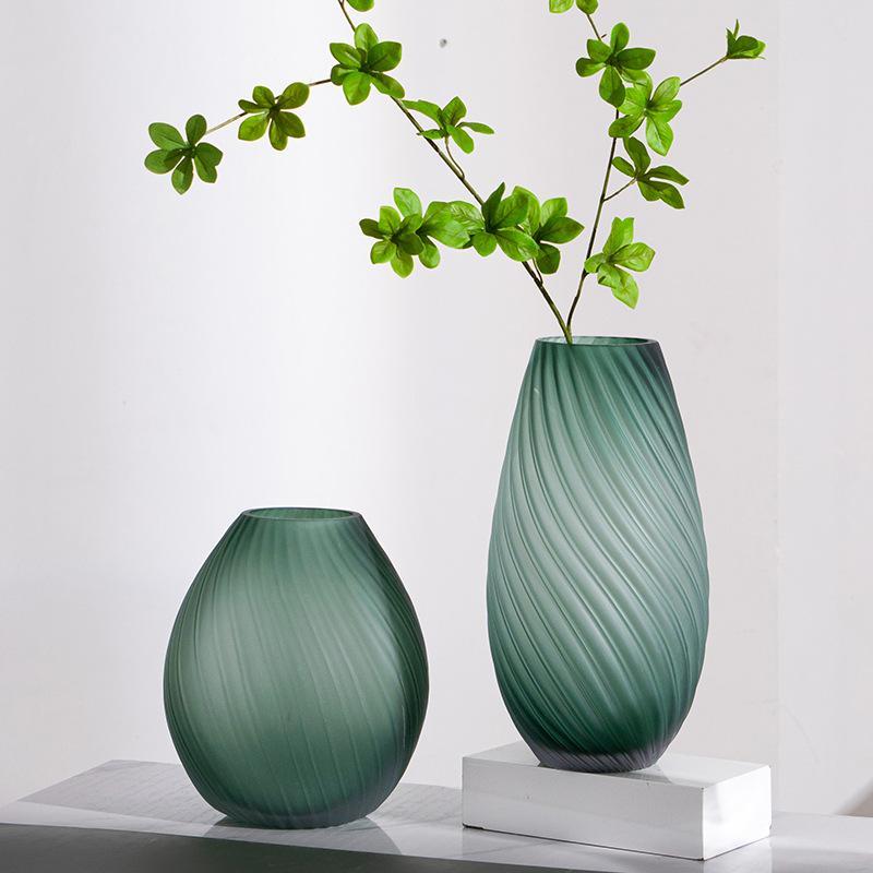 现代轻奢波浪中国风客厅磨砂家用哑光不规则自然绿色玻璃花瓶