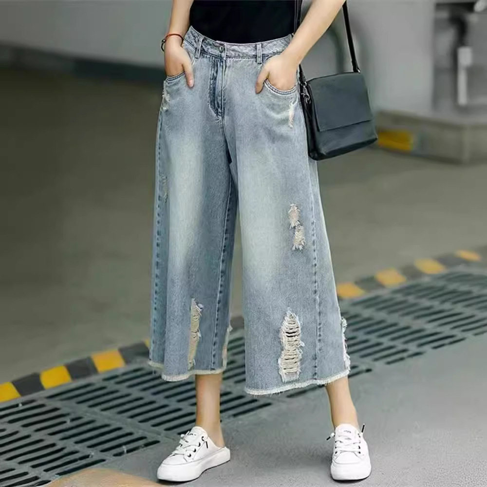小个子直筒牛仔裤女浅色美式宽松大码夏季薄款高腰破洞阔腿七分裤