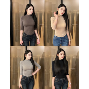 希野逸儿/性感微透显胸大半高领简约显身材中袖打底衫女秋款上衣