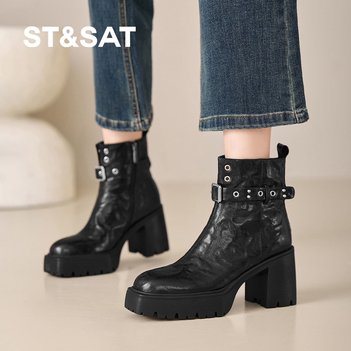 星期六2025秋季新款粗跟高跟女短靴冬季时尚保暖大筒围切尔西女靴