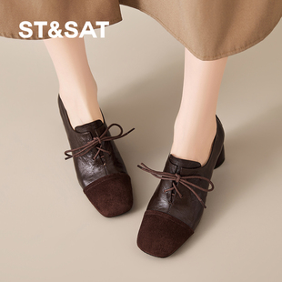 粗跟不累脚软底通勤高跟小皮鞋 法式 女新款 星期六复古系带深口单鞋