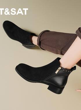 星期六小短靴2025秋冬新款棕色高跟法式复古圆头马丁靴平底女鞋