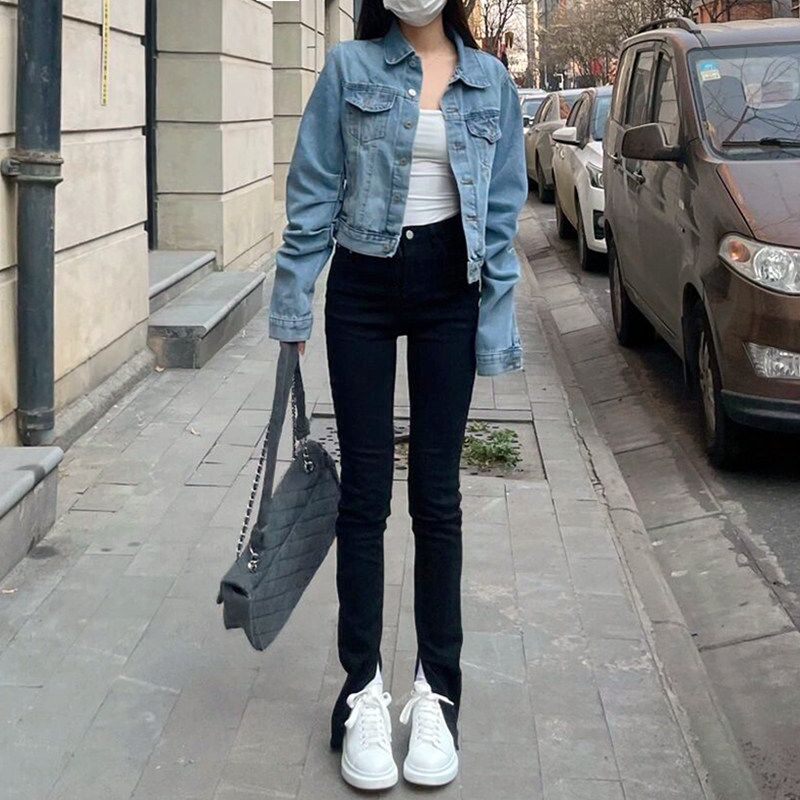 欧美高腰微喇内开叉牛仔裤女春秋新款宽松显瘦拖地分叉喇叭裤子潮
