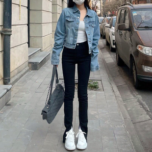 欧美高腰微喇内开叉牛仔裤女春秋新款宽松显瘦拖地分叉喇叭裤子潮