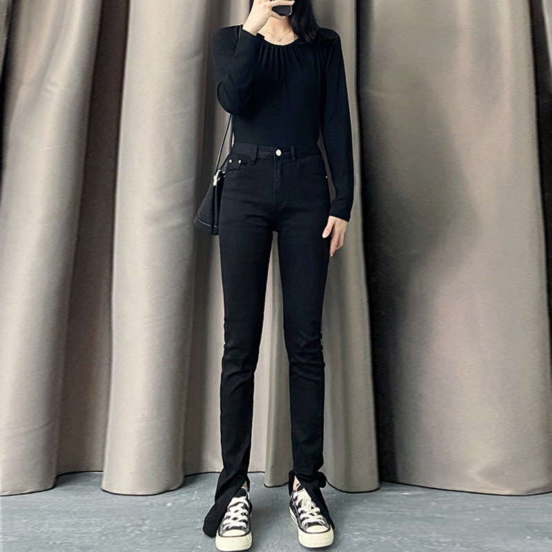 2025年设计感黑色蓝色加长开衩微喇叭裤高腰显瘦马蹄裤牛仔长裤女