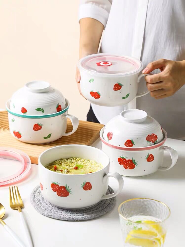 日式早餐碗杯便当饭盒泡面碗带盖把汤粥草莓清新碗微波炉加热陶瓷