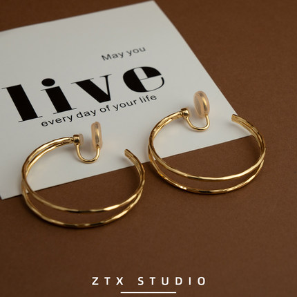 ZTX 时尚双圈耳夹无耳洞女新款原创无痛双耳垫可旋转蚊香盘耳环