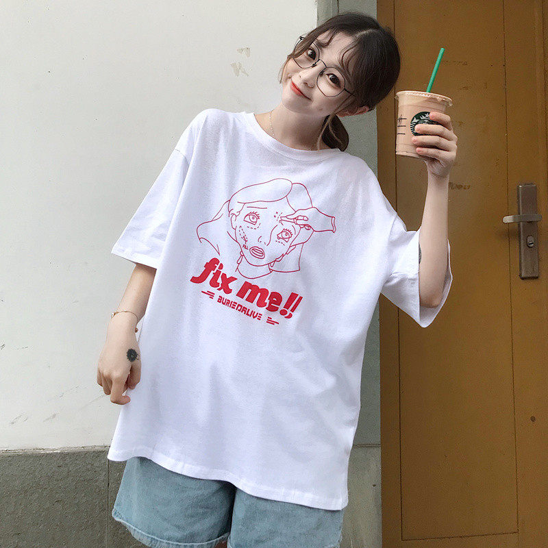 短袖t恤女夏季新款ins韩版学生大码慵懒bf卡通印花显瘦百搭上衣潮