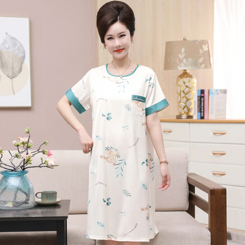 中年妈妈圆领短袖中长款睡裙女冰丝夏季睡衣可外穿婆婆高级感中裙
