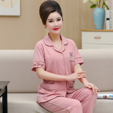 女士纯棉翻领开衫休闲大码短袖长裤中年妈妈夏季可外穿家居服套装