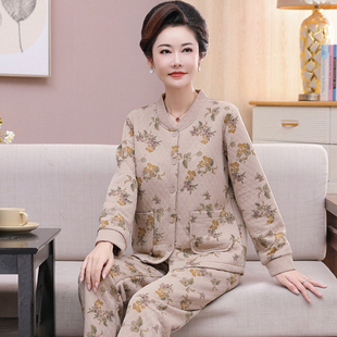 立领睡衣女秋冬季纯棉夹层空气棉2025年新款中年妈妈开衫两件套