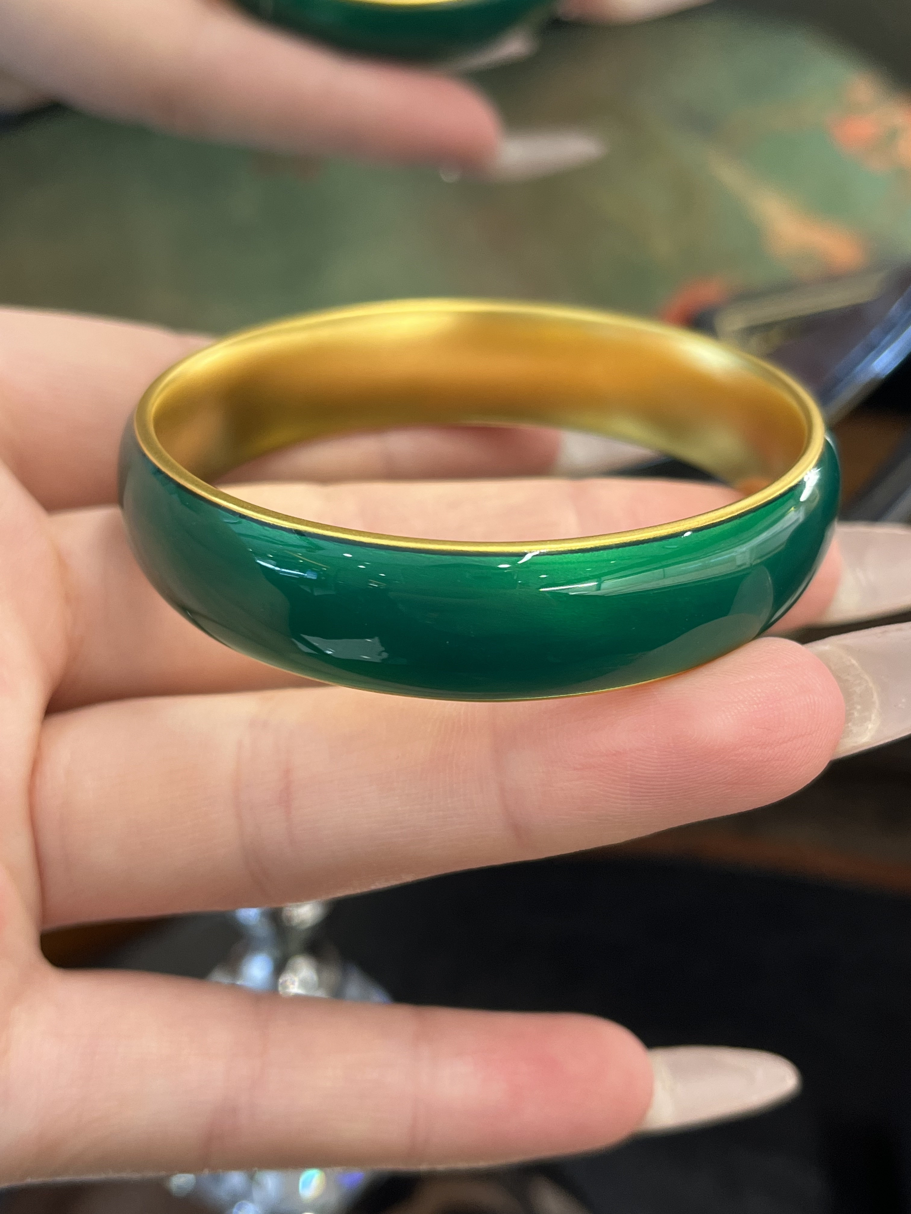 足金黄金珐琅绿色手镯送女友礼物