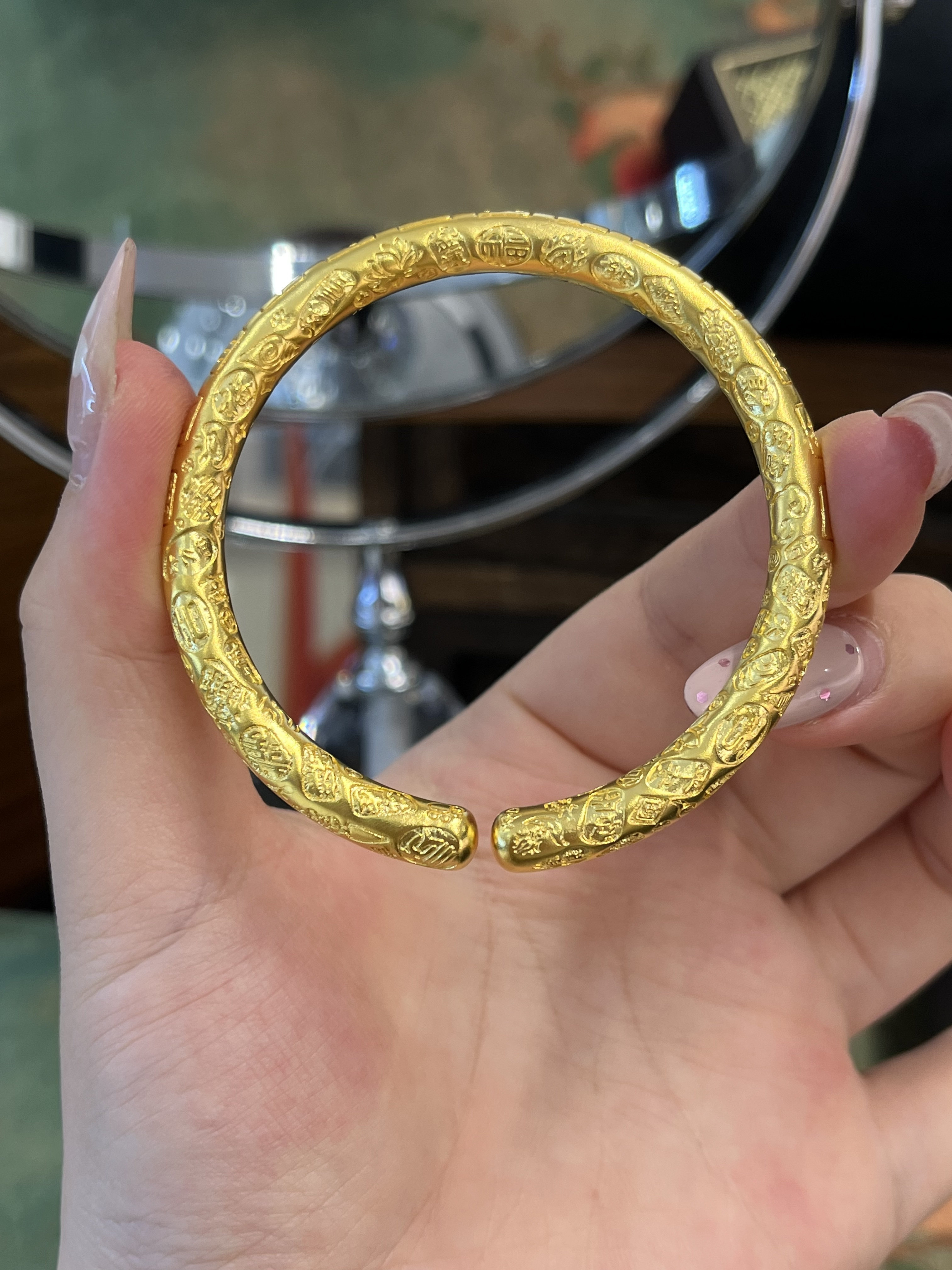 足金黄金开口麻将吉言手镯送女友礼物