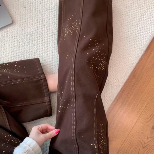 复古风咖色烫钻设计感阔腿裤女春季加绒宽松直筒显瘦设计感休闲裤