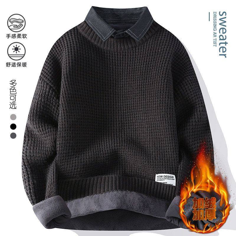 2025秋冬休闲衬衫领假两件套头加绒加厚保暖毛衣 男带领针织衫