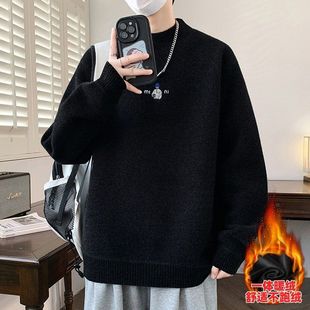 一体绒半高领毛衣男加绒加厚秋冬季潮牌青少年初中高中学生针织衫