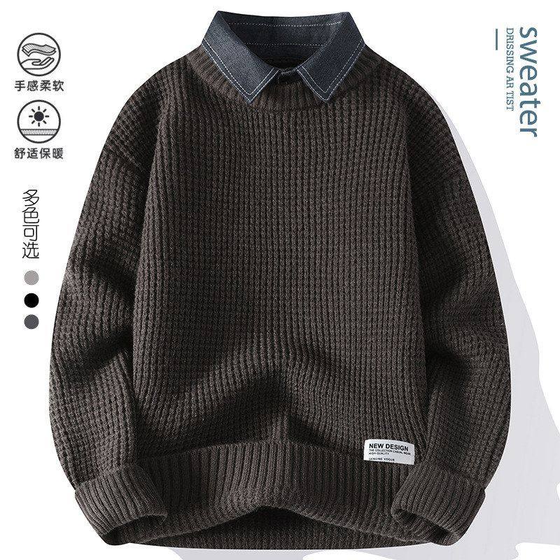 2025秋冬新款休闲衬衫领假两件套头加厚保暖毛衣 男带领针织衫外