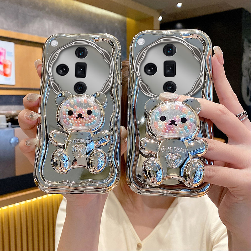 适用oppofindx7手机壳女生新款x7Ultra带补妆镜子findx6爱心小熊支架Findx5pro四角防摔电镀镜面findx3保护套