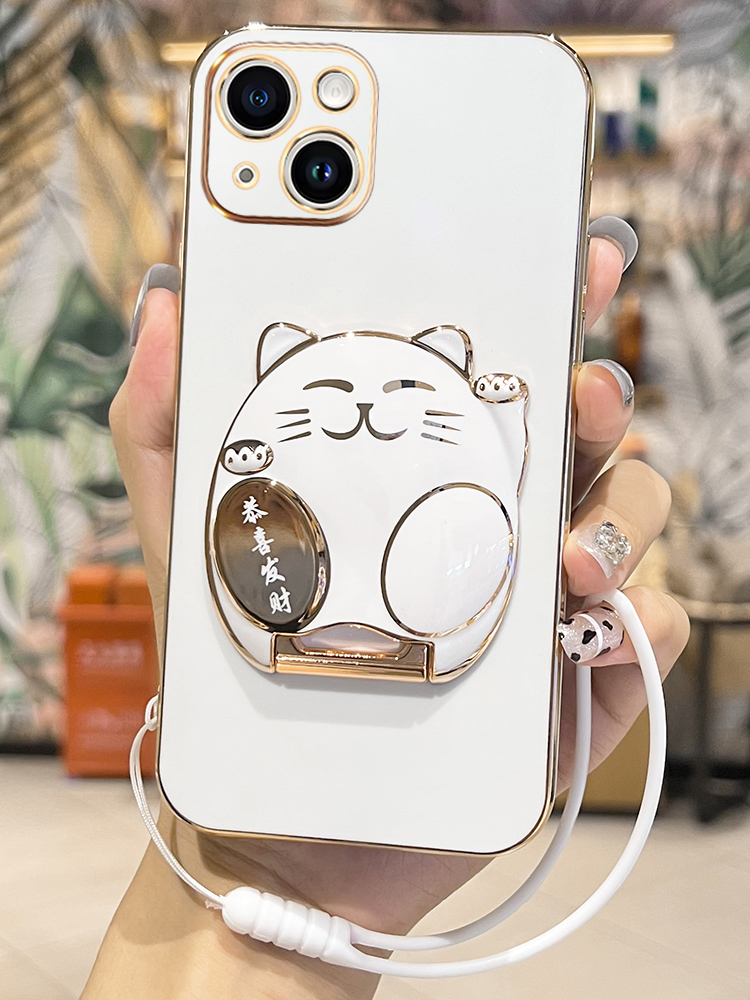 适用招财猫苹果14手机壳新款iPhone14pro新年款14promax支架新款简约ip14全包镜头14PRO防摔硅胶保护套女款潮