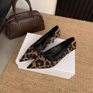 斜口5CM新款春法式小猫跟尖头气质豹纹单鞋女百搭软皮浅口高跟鞋