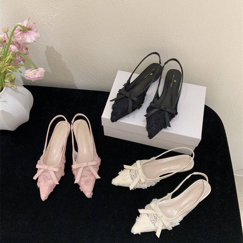 配裙子仙女风透气蕾丝包头凉鞋女夏季法式绝美尖头后空低跟单鞋女