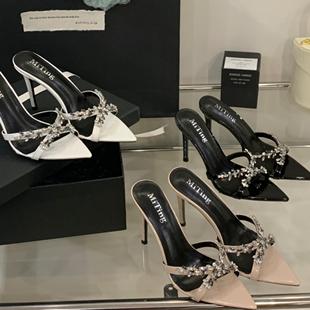 绝美~！bling水钻尖头细跟拖鞋女夏外穿御姐性感露趾超高跟凉拖鞋
