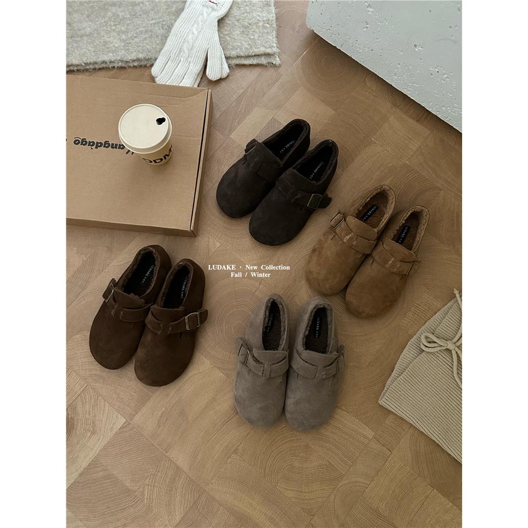 韩版平底磨砂皮勃肯鞋女2025秋冬新款棉鞋皮带扣单鞋一脚蹬豆豆鞋