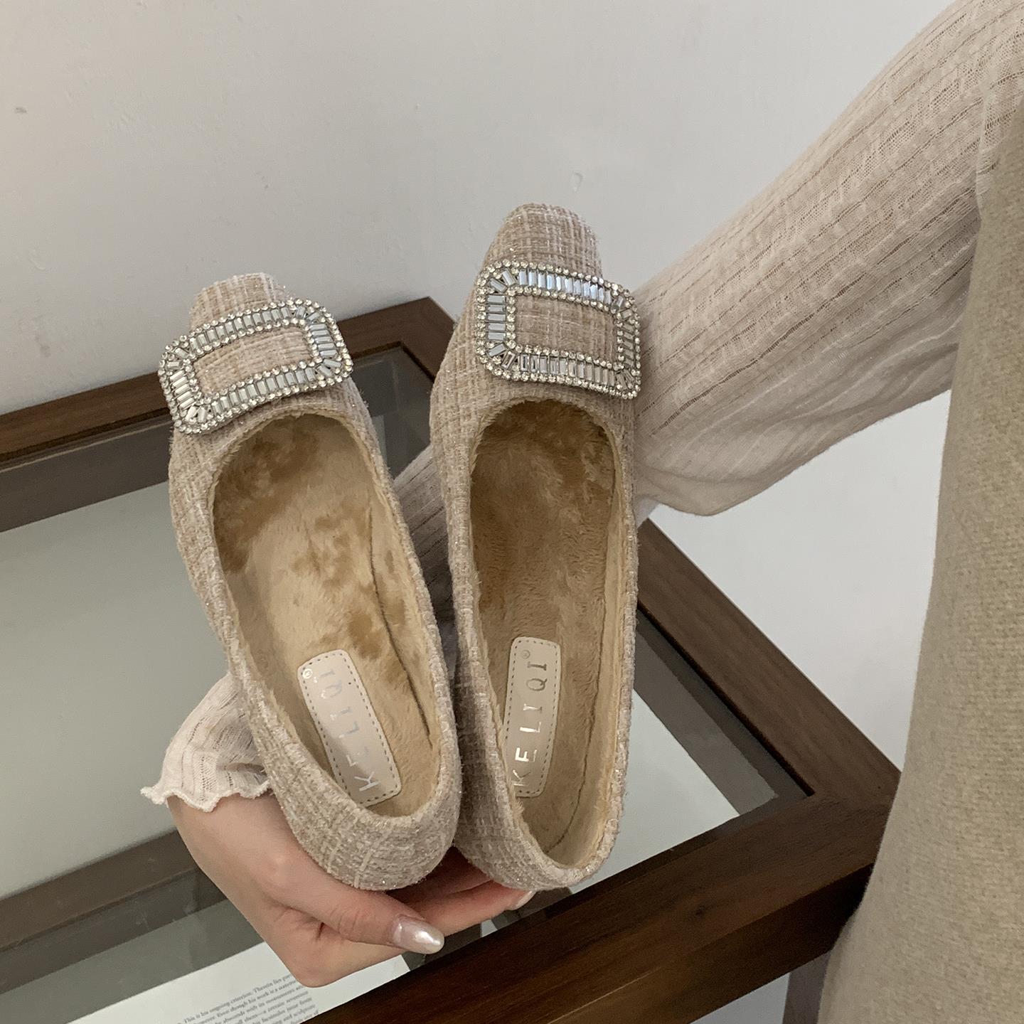 裸色高跟鞋加绒女鞋2025秋冬新款法式温柔配裙子粗跟不累脚女单鞋