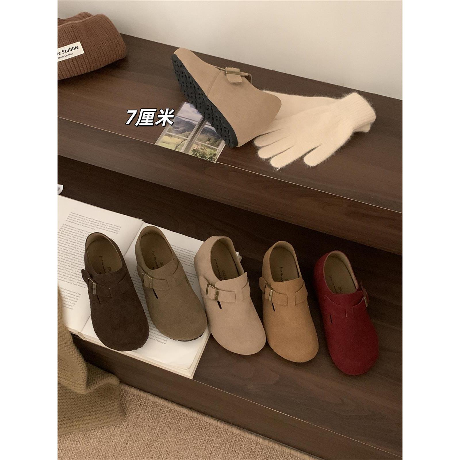 内增高7CM真皮女秋冬坡跟一脚蹬勃肯鞋小个子厚底时尚博肯乐福鞋