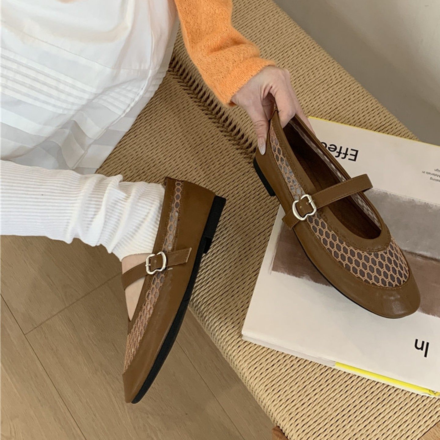 复古平底渔网鞋镂空单鞋女2026春季新款网红通勤鞋一字扣玛丽珍鞋,女鞋,浅口单鞋,淘宝优惠券,粉丝福利购,淘宝优惠卷