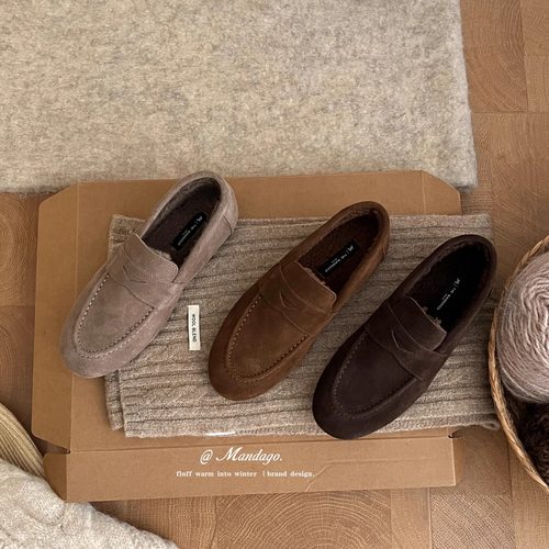 THEMANDAGO芒大果 复古真皮圆头加绒一脚蹬乐福鞋软低百搭豆豆鞋