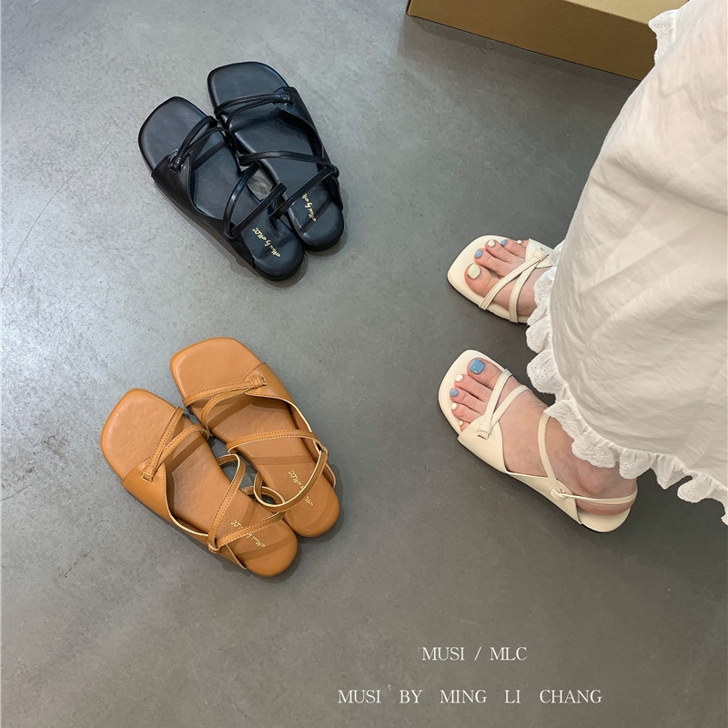 度假风平底露趾凉鞋女2025夏季新款法式女鞋设计感小众罗马凉鞋女