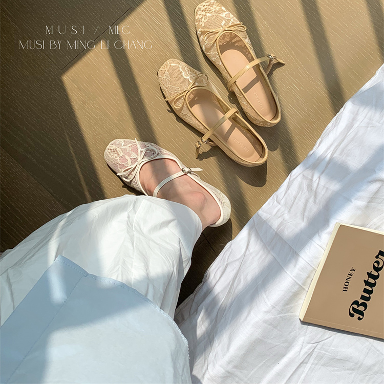 晚晚风平底蝴蝶结玛丽珍单鞋女外穿2025新款夏季网纱透气芭蕾舞鞋