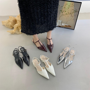 异形跟漆皮尖头包头凉鞋女鞋子银色2024新款法式中跟丁字扣带单鞋