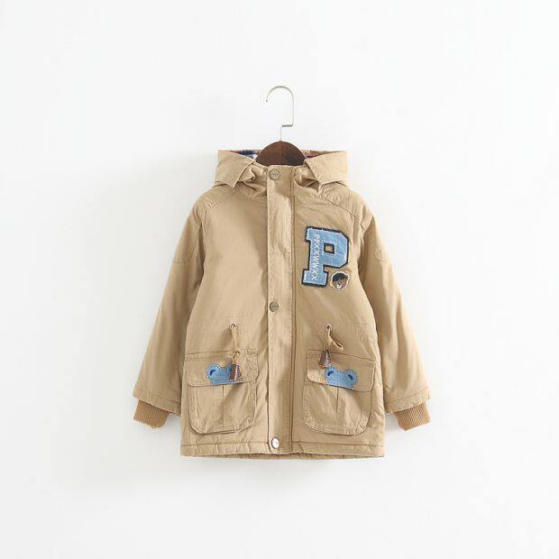 男童加厚夹棉中长款棉衣韩版冬季儿童宝贝印花小熊棉服连帽不可拆