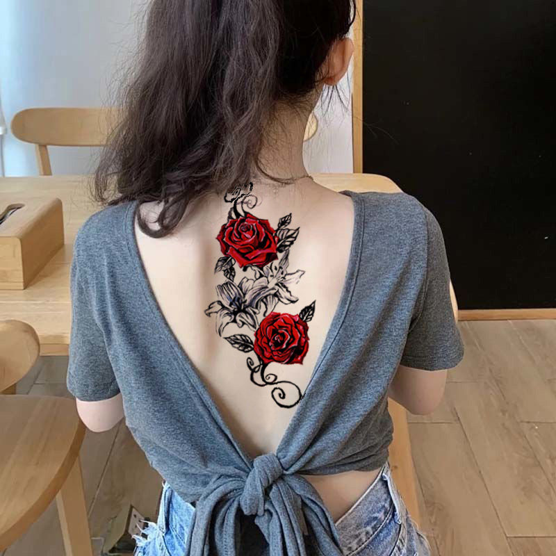 6张辣妹纹身贴防水女仿真持久性感大图案遮疤贴玫瑰花朵大腿锁骨