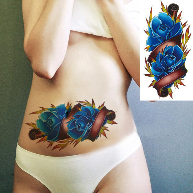 纹身贴半永久性防水女持久性感图腾刺青遮疤学生可洗一次性蓝色花