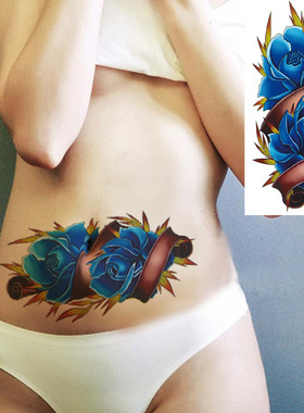 纹身贴半永久性防水女持久性感图腾刺青遮疤学生可洗一次性蓝色花