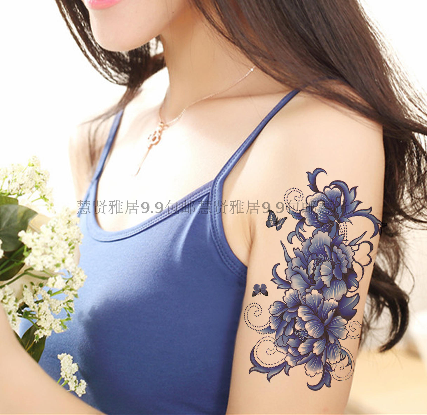 防水纹身贴 女持久遮疤 蓝色花朵性感 创意刺青 剖腹产疤痕