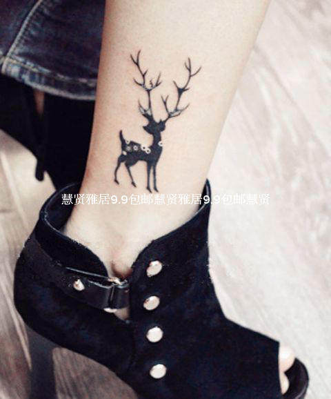 独家新款文艺小清新 男女防水纹身贴纸 纹身贴 黑白树枝小鹿 刺青