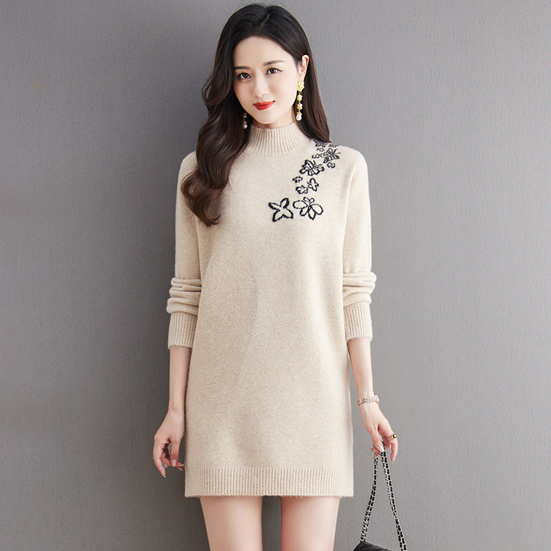 恒源祥羊毛衫女秋冬大码保暖提花打底衫中长款韩版宽松羊绒毛衣裙