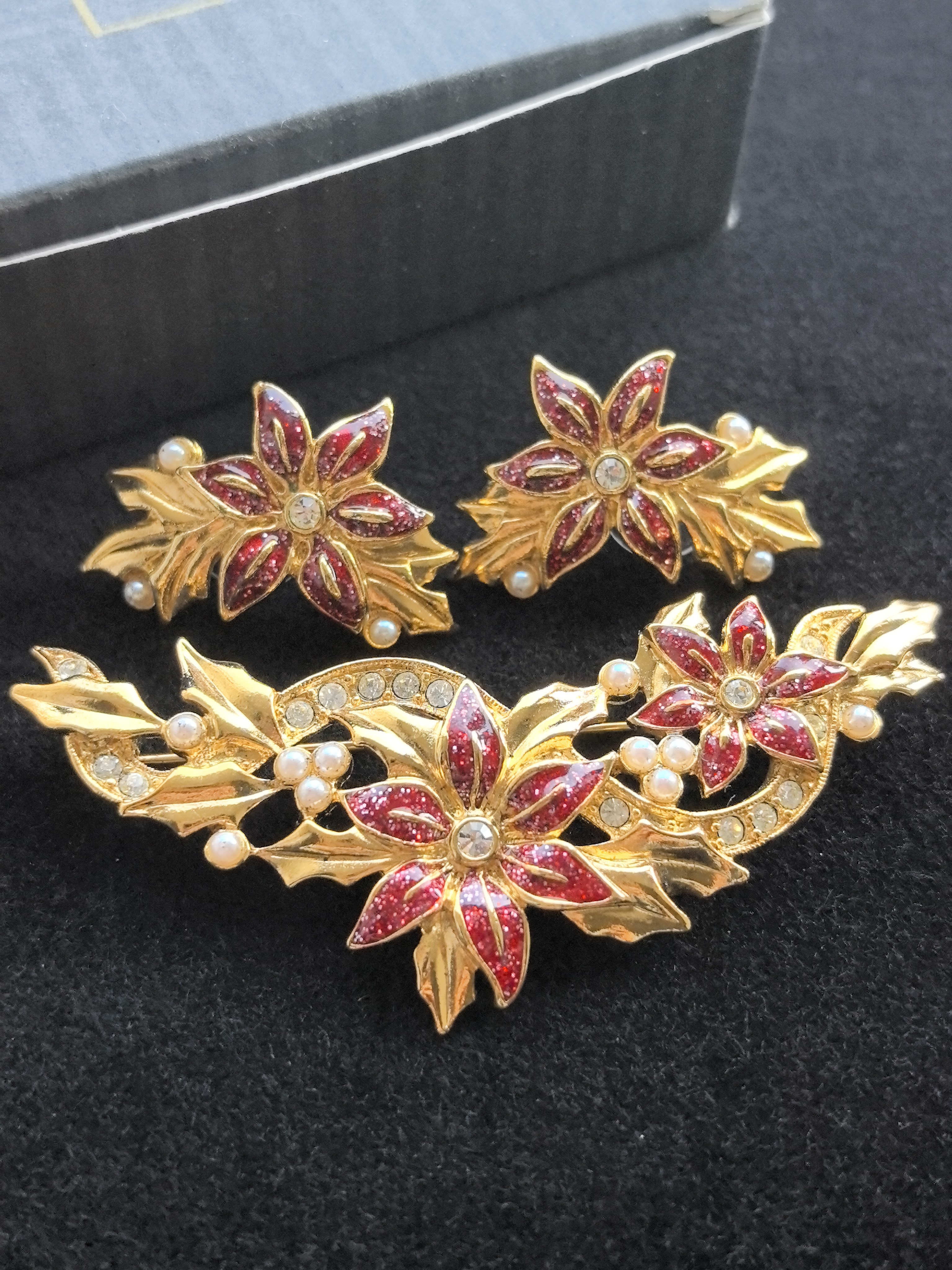 Avon原盒95年代素金珐琅花束胸针耳夹套装中古