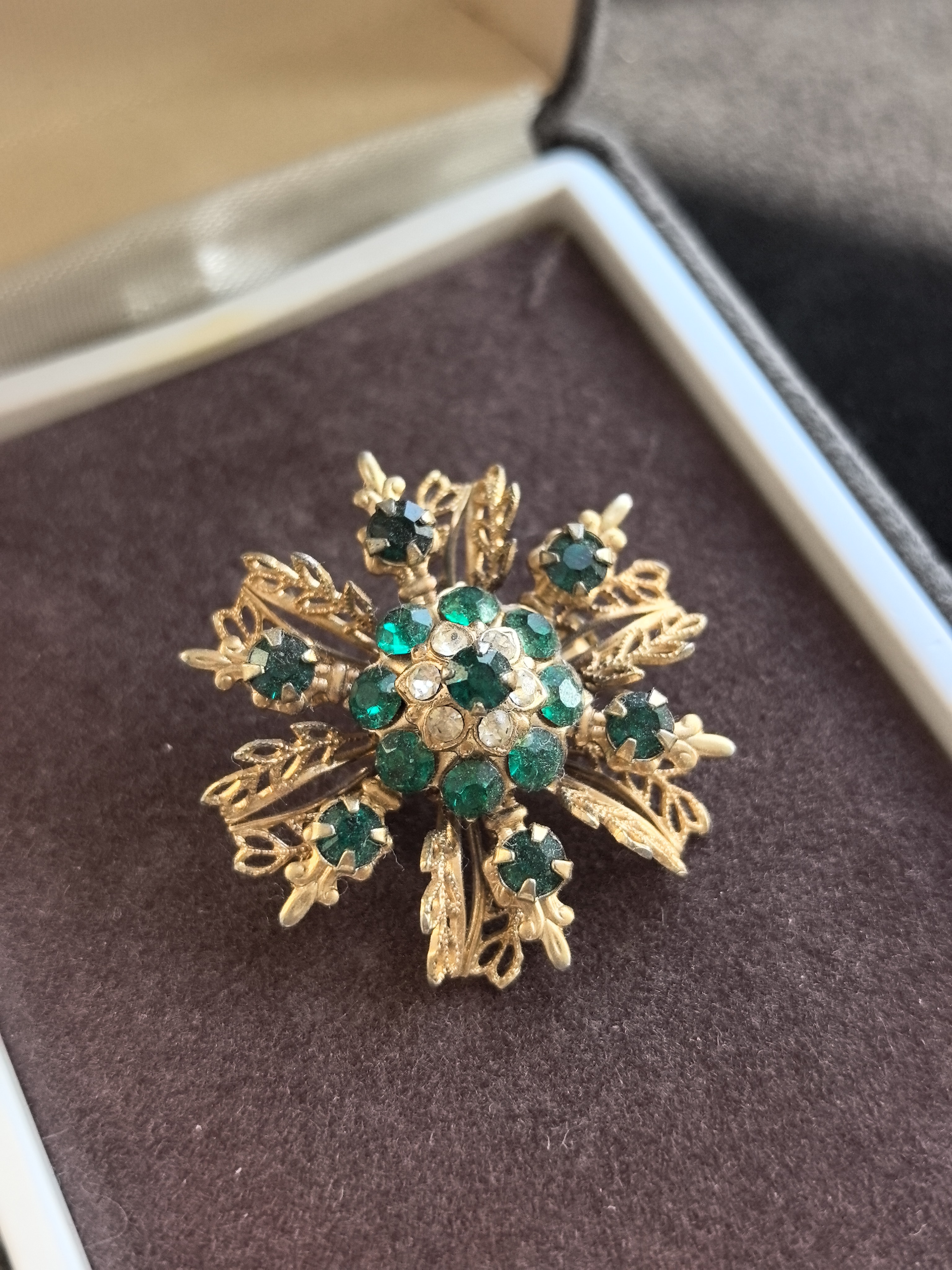 中古素金绿色莱茵石立体雪花胸针别针中古Vintage