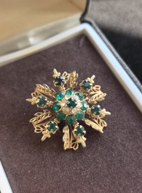 中古素金绿色莱茵石立体雪花胸针别针中古Vintage