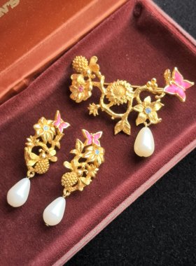 Avon素金珐琅花朵耳夹胸针套装1995年书本款精致优雅中古Vintage