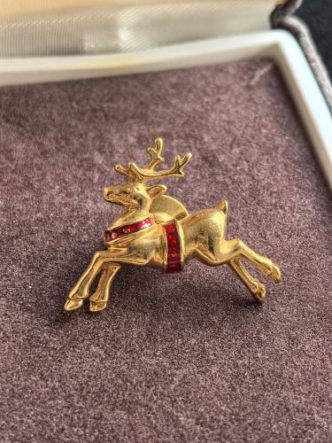 Avon素金珐琅驯鹿胸针1987年中古Vintage孤品