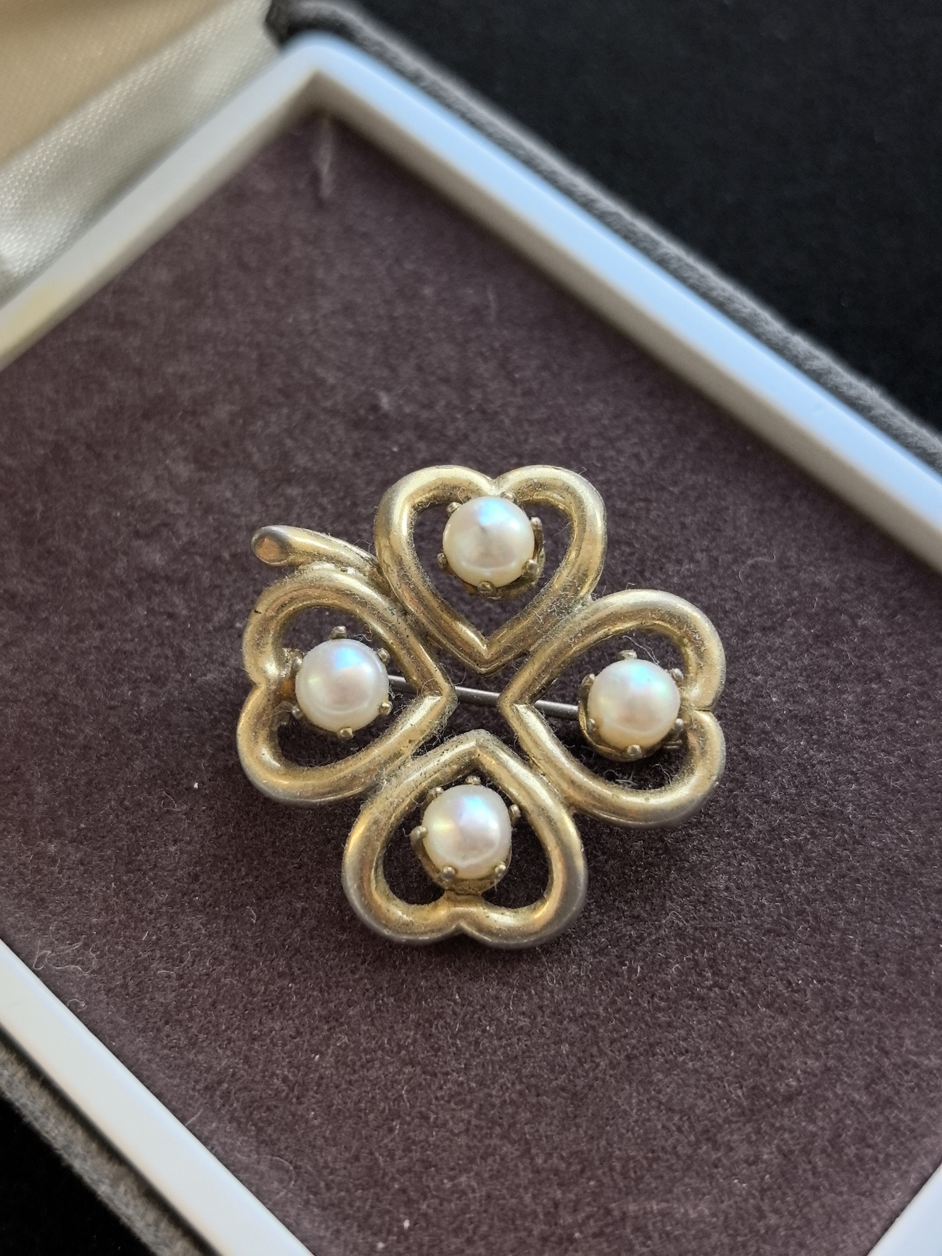 中古vintage复古素金仿珍珠四叶草胸针孤品