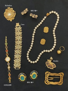 孤品海外回流Vintage中古Coro飞马brooks胸针厚金耳夹袖口戒指