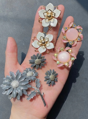 欧美回流Vintage中古孤品珐琅果冻烤漆花朵胸针耳夹套装Emmons