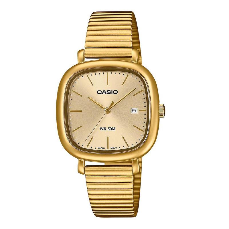 卡西欧男女腕表日期夜光计时50M金色金属钢带防水商务日常手表